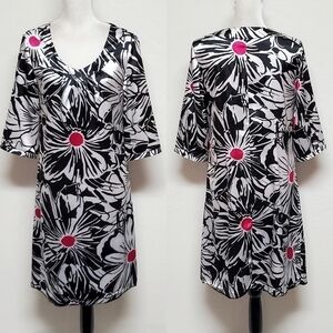 VINTAGE 90s Chico's Black Fuschia Satin Abstract Floral V-neck Shift Dress